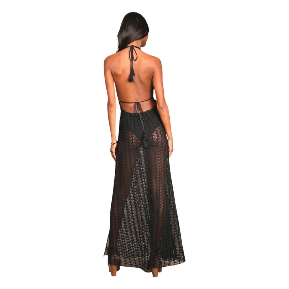 Lulus Destination Summer Black Crochet Halter Maxi Bodysuit Dress Sheer Resort S